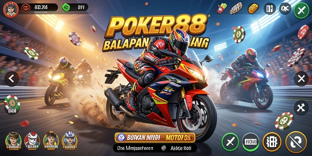 Screenshot utama POKER88 menampilkan balapan motor yang seru dan intens.